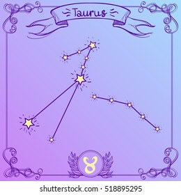 Taurus constellation on a purple background.. Schematic representation of the signs of the zodiac.