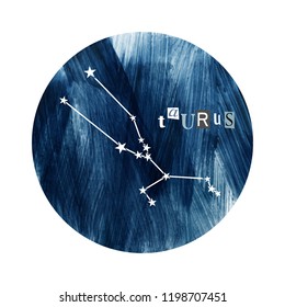 The Taurus Constellation over hand drawn blue background. 1 of the 12 zodiac signs. Vector illustration