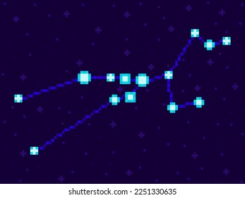Taurus constellation in pixel art style. 8-bit stars in the night sky in retro video game style. Cluster of stars and galaxies. Design for applications, banners and posters. Vector illustration