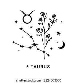 Taurus-Sternzeichen mit Blume, Mond und Sternen