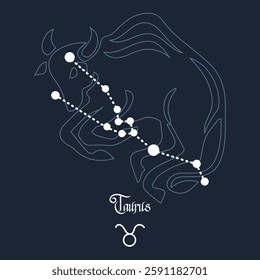 Taurus, constellation and zodiac sign on the background of the cosmic universe. Blue and white design. Illustration