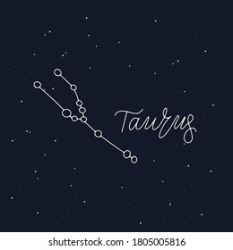 Taurus Constellations Astronomy stars. Zodiac sign. Celestial hand drawn, hand lettering name of zodiac stars. 