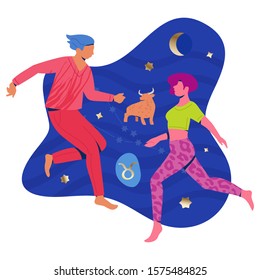 Taurus couple zodiac and horoscope concept. Modern vector art with young couple. Illustration for horoscope and astrology apps, dating websites, astrology predictions.