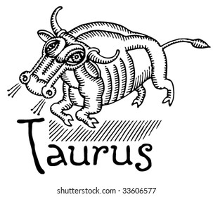 taurus cubist drawing black and white with typography