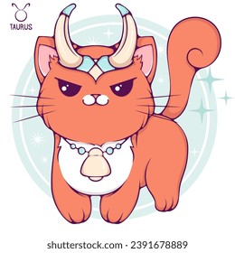 Taurus cute cartoon astrology sign of the zodiac cat. Pet character in kawaii style. Vector illustrations in hand drawn flat style on round background. Funny cat horoscope