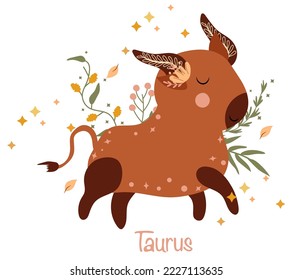 Taurus. Cute Zodiac Schild mit bunten Blättern und Sternen um. Cute Taurus perfekt für Poster, Logo, Karten. Astrologisches Taurus zodiac. Vektorgrafik.