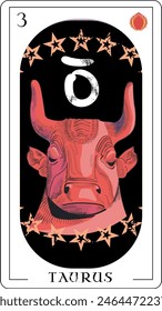 Stier. Design für eine Tarotkarte mit einem alten Stierkopf neben dem Stier-Symbol.