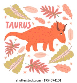 Taurus dinosaur childish character vector illustration. Cute Jurassic monster astrology zodiac sign isolated on white. Funny hand drawn triceratops with horns. Cartoon t shirt, poster print design