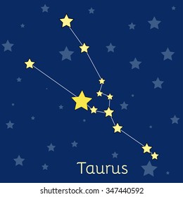 Taurus Earth Zodiac constellation with stars in cosmos. Vector image with navy blue background and stars