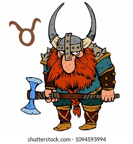 Taurus. Funny Viking zodiac sign, horoscope symbol . Vector illustration cartoon style character. Isolated object