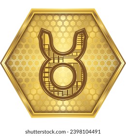 Taurus, Futuristic Cybernetic Circuit Board Zodiac Astrological Symbol Icon Button Design Golden Hexagon, White Background, Horoscope, Fortune-Telling