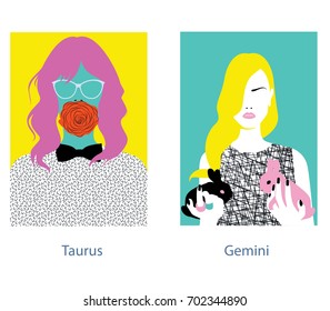 Taurus and gemini girl horoscope signs. Vector illustration. 