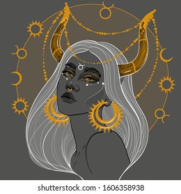 Taurus girl with golden horns and precious jewelry