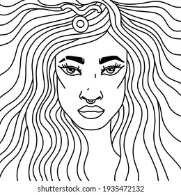 Taurus girl portrait. Adult coloring. Zodiac sign. Vector illustration.