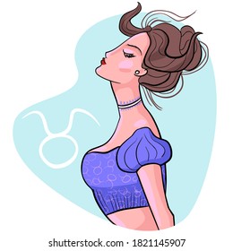 Taurus girl vector illustration. T-shirt print - May girl character with brown hair. Taurus zodiac sign. 