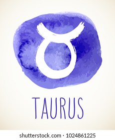 Taurus hand drawn Zodiac sign illustration over blue watercolor circle. Vector graphic astrology symbol design element isolated over white.