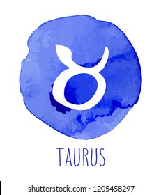 Taurus hand drawn zodiac sign. Astrology design element. Vector graphic illustration in blue watercolor circle isolated over white.