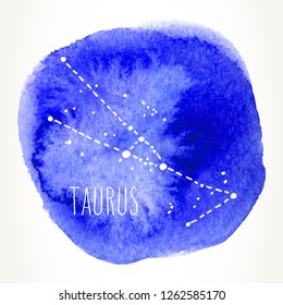 Taurus hand drawn Zodiac sign constellation over blue watercolor circle. Vector graphics astrology illustration. Western horoscope mystic symbol isolated over white.