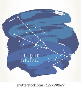 Taurus hand drawn Zodiac sign constellation over blue paint strokes. Vector graphics astrology illustration. Western horoscope mystic symbol isolated over white.