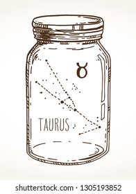 Taurus hand drawn Zodiac sign constellation in a mason jar. Vector graphics astrology illustration. Western horoscope mystic symbol isolated over white.