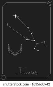 Taurus horoscope card with constelation, zodiac sign and a patronizing planet. Hand drawn vector illustration on dark background. Taro card.