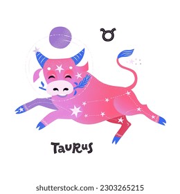 Taurus horoscope character with zodiac sign and handlettering. Cute vector illustration EPS 10.