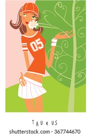 Taurus horoscope sign. Girl smelling a flower.