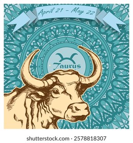 Taurus horoscope sign on an openwork background with a ribbon on top and dates. Mix of styles. Poster, decorative panel or other. Vector illustration