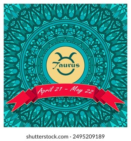 Taurus horoscope sign in an openwork decorative frame with a ribbon and an inscription. Emblem, poster, decorative panel. Vector illustration