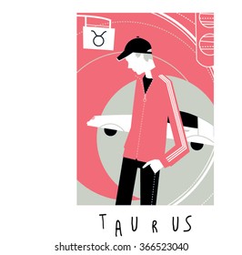 Taurus horoscope sign. Street racer man standing near racer car. Vector illustration