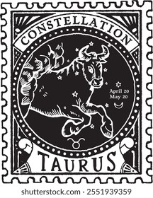 TAURUS horoscope sign vectorized hand draw, POSTAGE STAMP