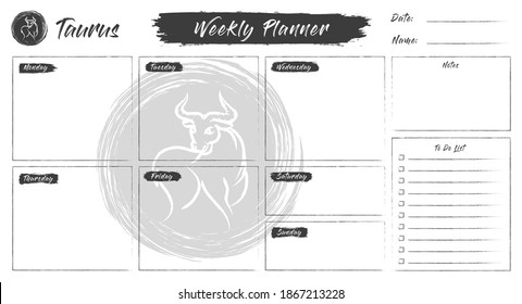 Taurus horoscope weekly planner. Zodiac sign. Planners bundle: daily, weekly, monthly planner, to-do list, goals, notes template. Astrologist organizer paper sheet. Vector illustration.