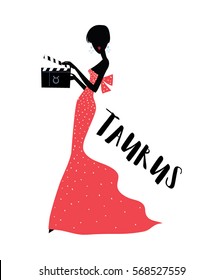 Taurus horoscope woman as an actress wearing long dress and holding a film clapper board. Vector illustration.