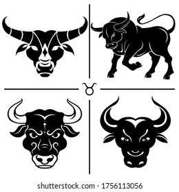 Taurus. Horoscope. Zodiac sign. Set of vector silhouettes in four different styles.