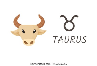 Taurus horoscope zodiac sign with symbol and inscription.Bull head cartoon style