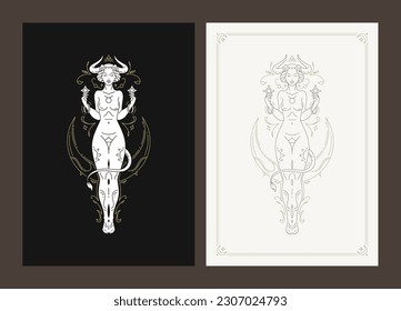 Taurus horoscope zodiac woman antique goddess line art deco poster design set vector illustration. Female horned bull character celestial esoteric mythology constellation fashion artwork element