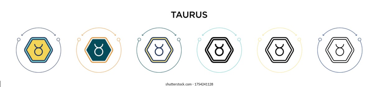 Taurus icon in filled, thin line, outline and stroke style. Vector illustration of two colored and black taurus vector icons designs can be used for mobile, ui, web