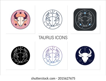 Taurus icons set. Bull symbol. Second fire sign in zodiac. Mystic horoscope sign. Bullfight, corrida mascot. Collection of icons in linear, filled, color styles.Isolated vector illustrations