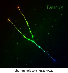 Taurus Illustration Icon, Lights Silhouette on Dark Background. Glowing Lines and Points