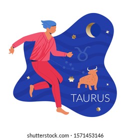 Taurus man zodiac and horoscope concept. Modern vector art with man and bull. Illustration for horoscope and astrology apps, dating websites, astrology predictions.