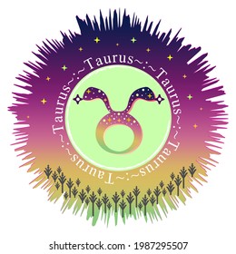 Taurus moon sign. Zodiac sign label. Astrology vector. Aurora gradient burst. Stars pattern. Horoscope symbol. Vedic sign title. Astrology badge. Astronomy sticker. Stock illustration.