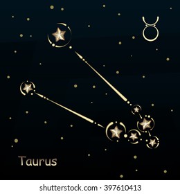 Taurus on a dark blue background, surrounded by stars. Constellation connected lines and decor.