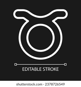 Taurus pixel perfect white linear icon for dark theme. Earth star sign. Zodiac element. Bull in astrology. Thin line illustration. Isolated symbol for night mode. Editable stroke. Arial font used