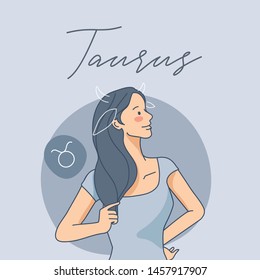 Taurus : Pretty girl with horoscope sign on pastel background :Vector Illustration