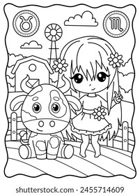 Taurus and Scorpio. Kawaii. Cute characters. Coloring page, page, book, black and white vector illustration. Zodiac signs, horoscope.