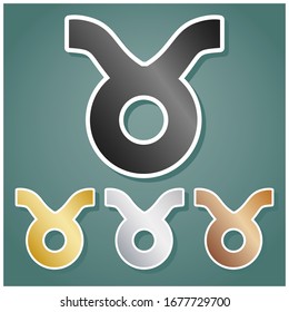 Taurus sign illustration. Set of metallic Icons with gray, gold, silver and bronze gradient with white contour and shadow at viridan background. Illustration.