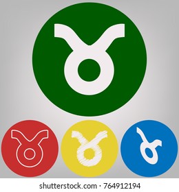 Taurus sign illustration. Vector. 4 white styles of icon at 4 colored circles on light gray background.