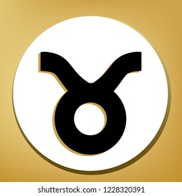 Taurus sign illustration. Vector. Black icon with light brown shadow in white circle with shaped ring at golden background.
