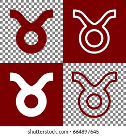 Taurus sign illustration. Vector. Bordo and white icons and line icons on chess board with transparent background.