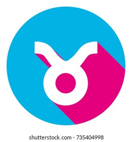 Taurus sign illustration. Vector. Flat white icon with mexican pink shadow inside sky blue(S and G) circle at white background. Isolated. Trend colors in 2017.